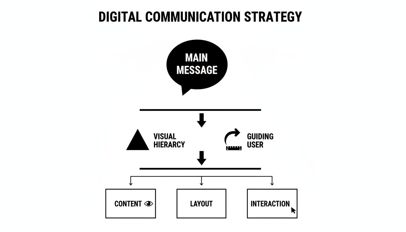 A black and white diagram illustrating a digital communication strategy flow from main message to content, layout, and interaction.