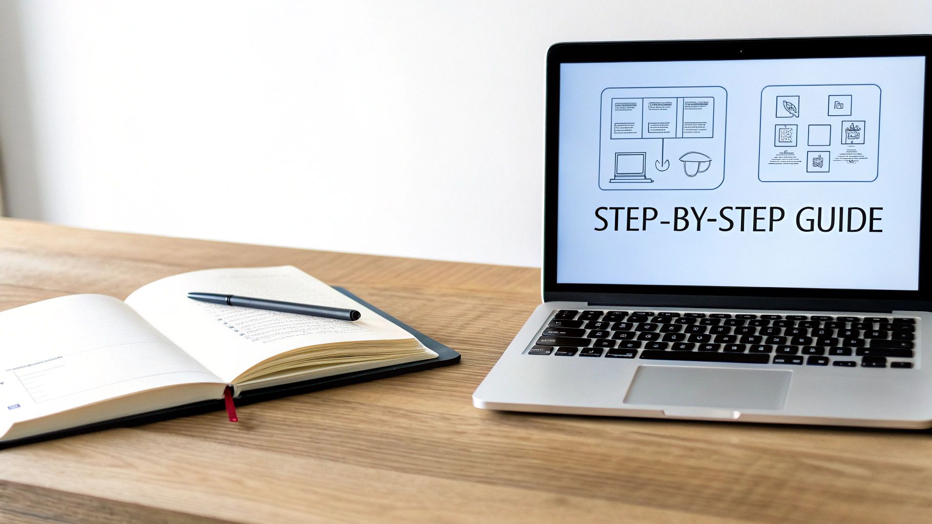 A laptop displaying a 'STEP-BY-STEP GUIDE' on its screen next to an open notebook and pen on a wooden desk.