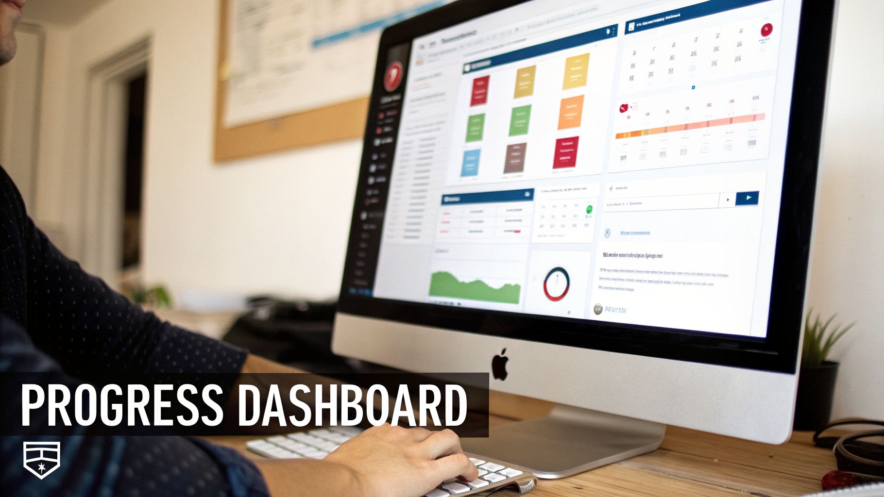 A person works on a desktop computer, monitoring progress on a digital dashboard with charts and data.