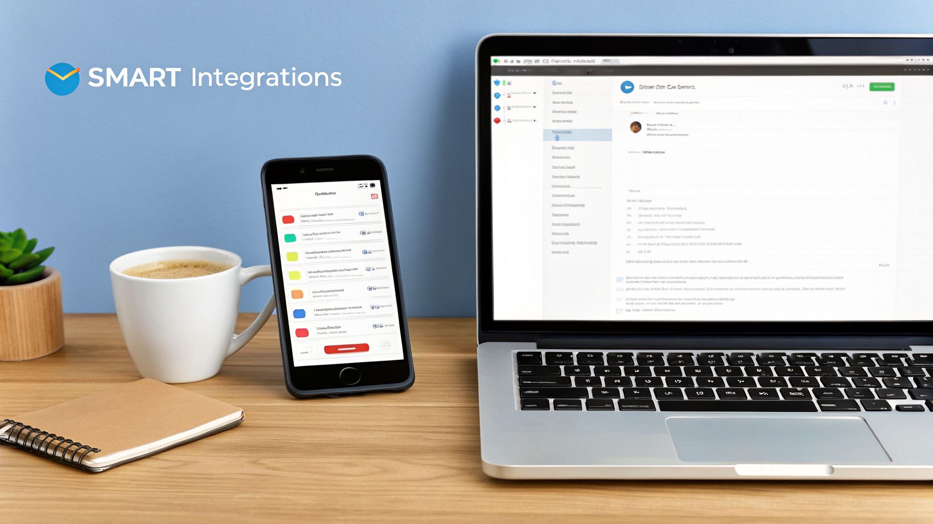 Workspace with laptop, smartphone, coffee, and plant, highlighting SMART Integrations software.