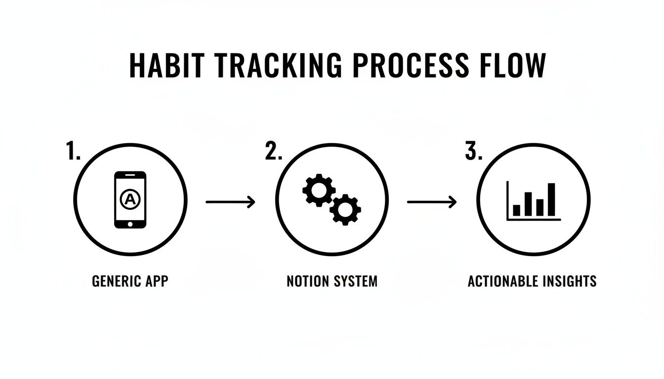 A diagram illustrating a habit tracking process flow from a generic app to a Notion system, yielding actionable insights.