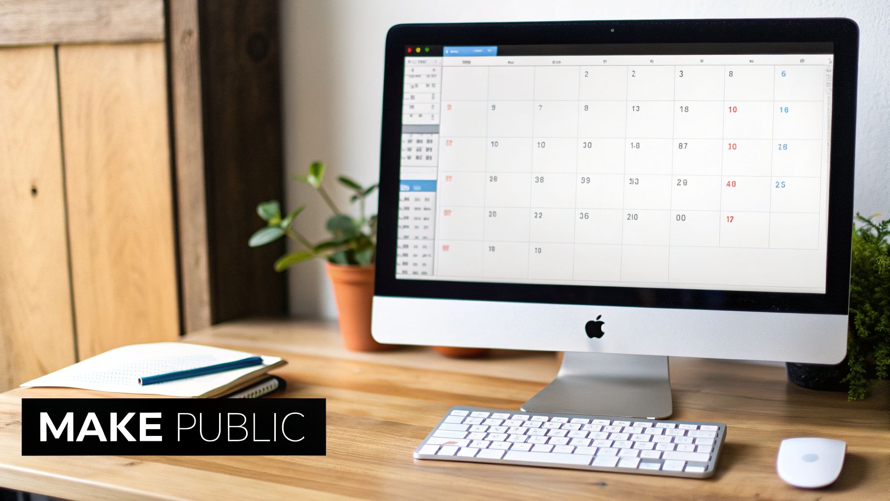 A clean desktop workspace with an Apple iMac showing a digital calendar, keyboard, mouse, and notebook.