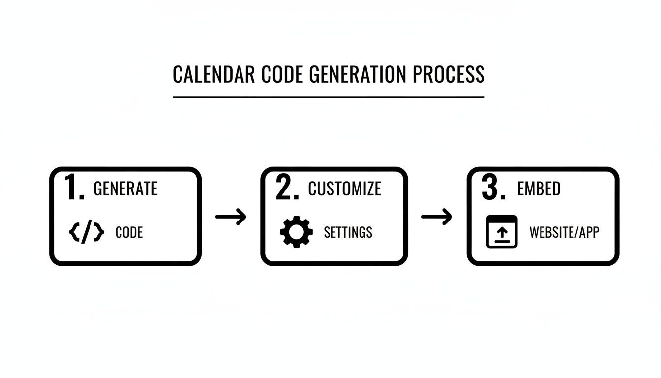 A three-step process for generating, customizing, and embedding calendar code into a website or app.