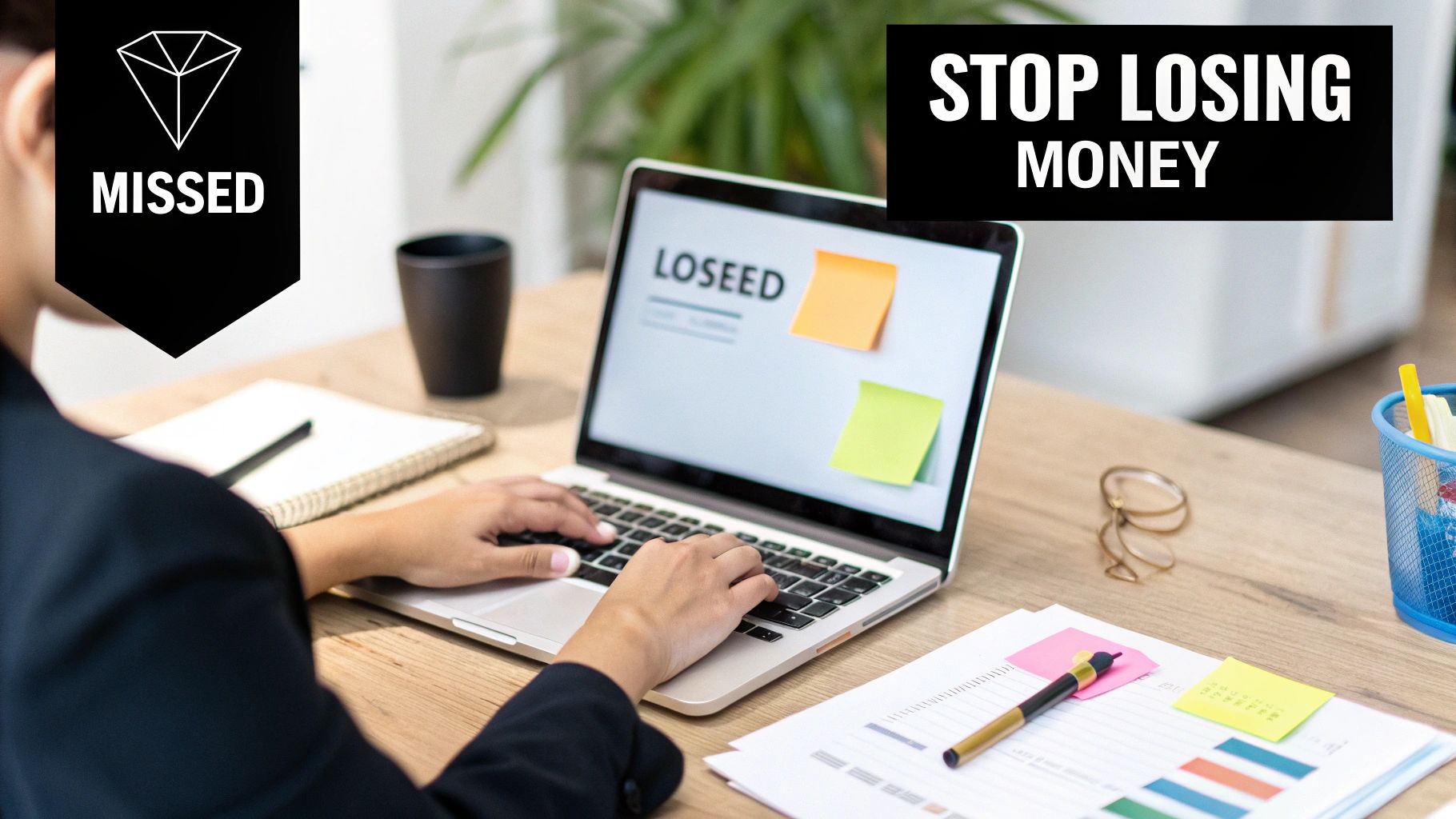 Person typing on a laptop with 'LOSEED' and 'STOP LOSING MONEY' text, reviewing financial documents.