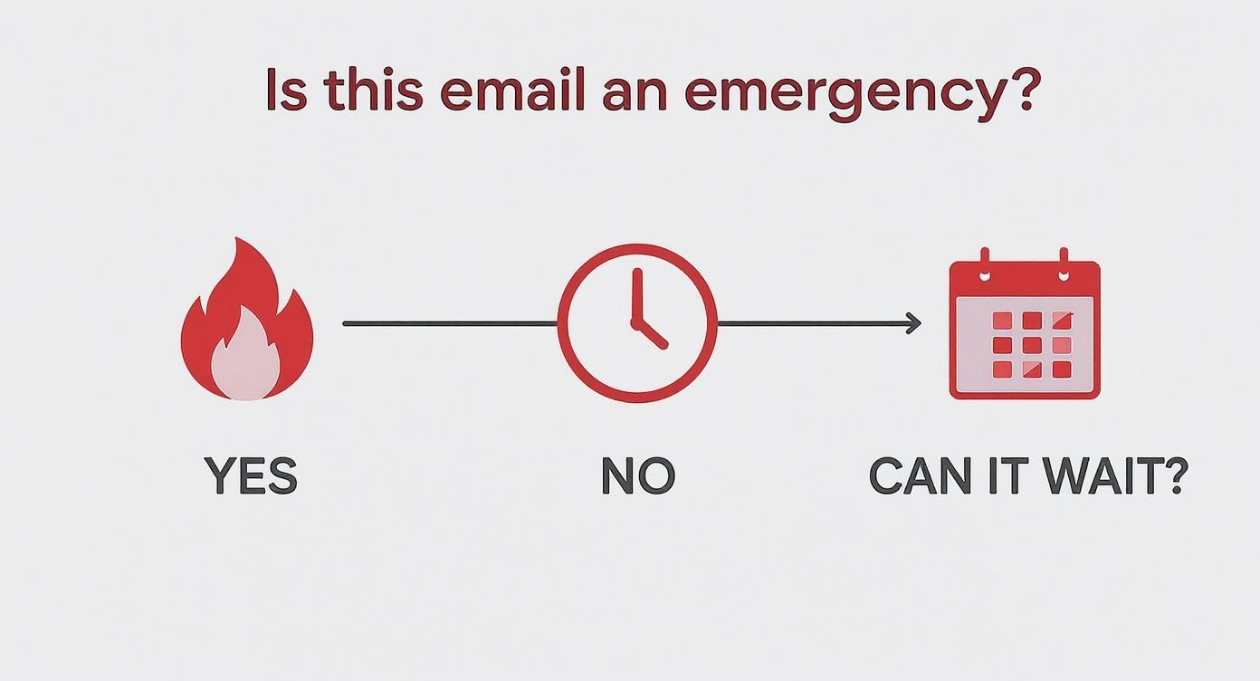 A decision flowchart for email urgency: flame for yes, clock for no, calendar for can it wait.