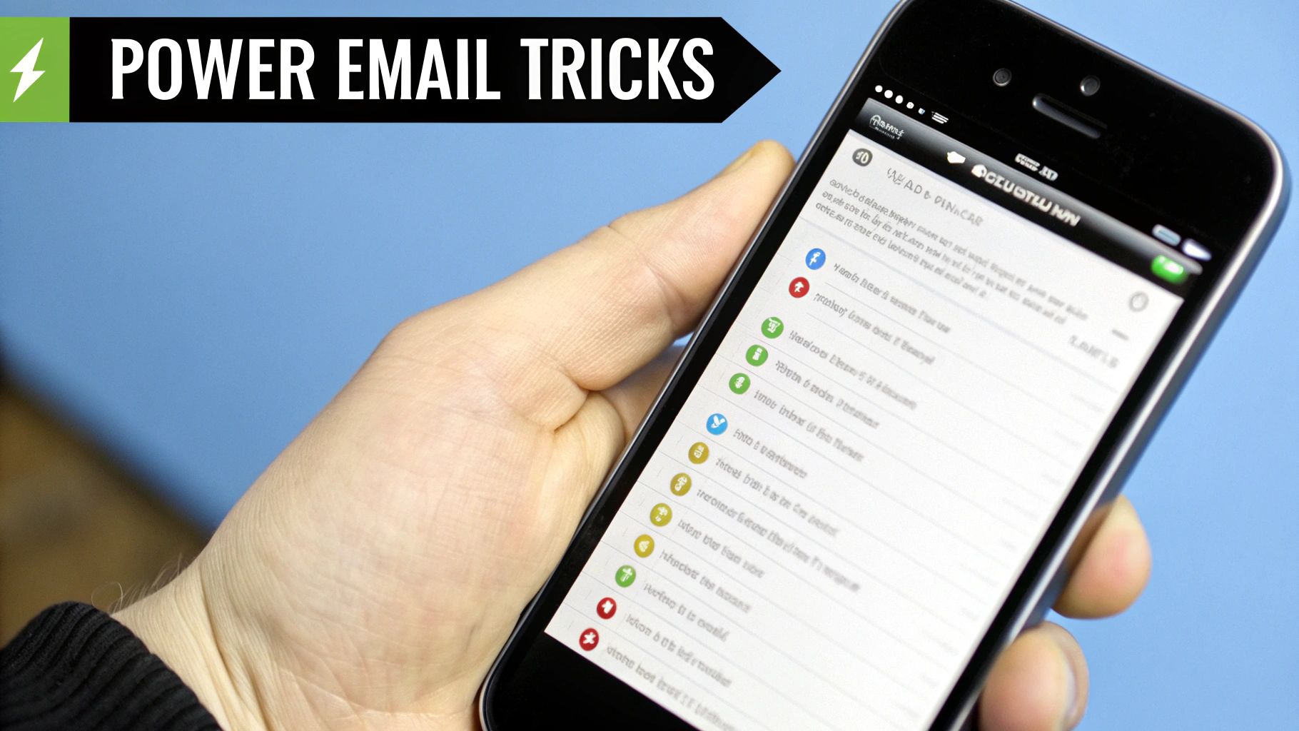 A person smiling and looking relaxed while using a phone and a laptop simultaneously, with organized email icons around them.