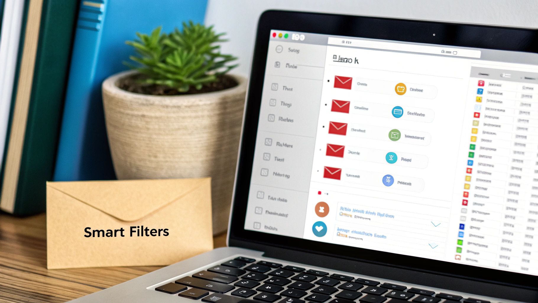 An illustration showing email icons being automatically sorted into different labeled folders, representing automation.
