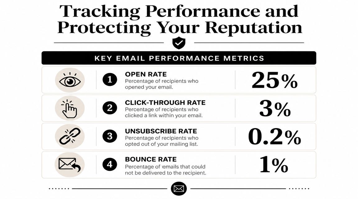 An infographic detailing four key email marketing performance metrics including open rate, click-through rate, unsubscribe rate, and bounce rate.