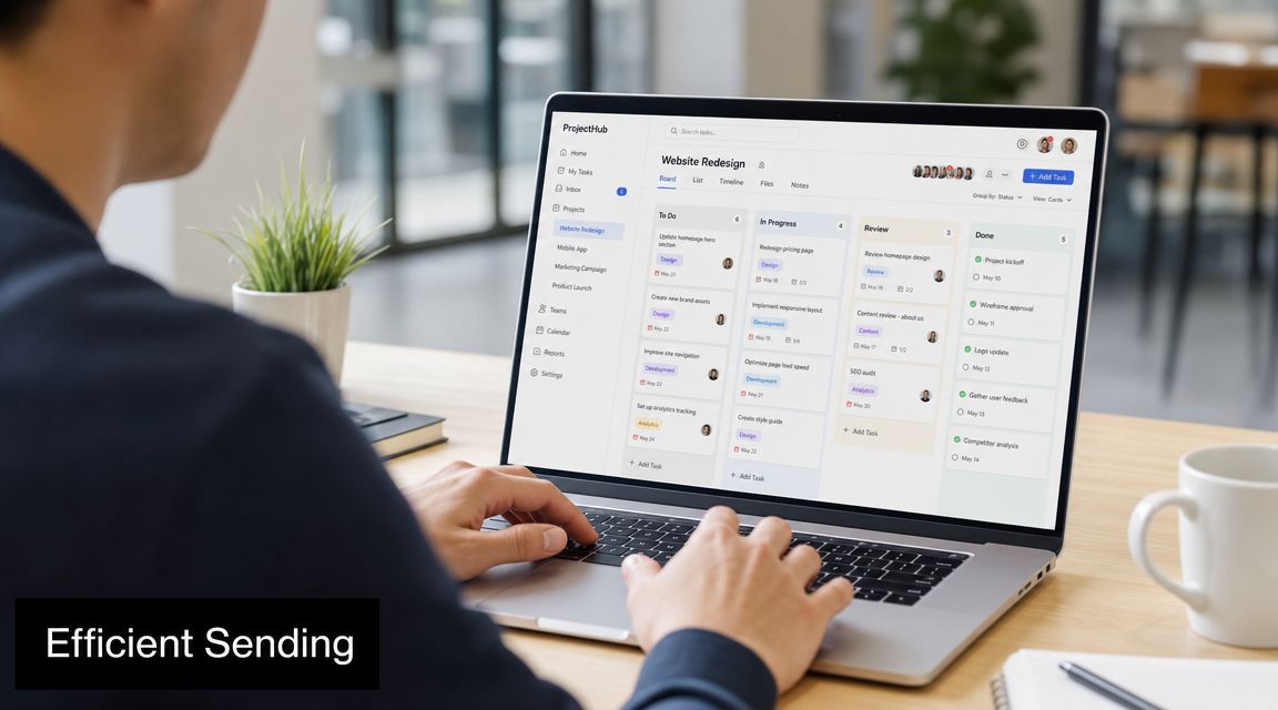 A professional working on a laptop displaying a project management dashboard to streamline their workflow and communication.