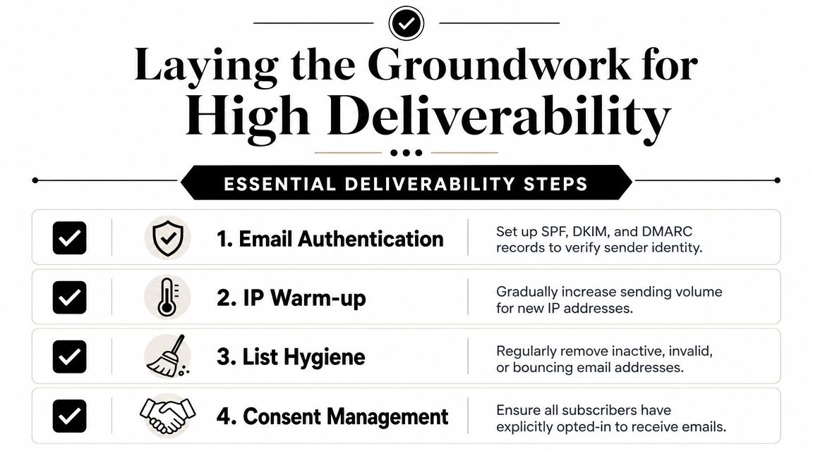 A list of four essential steps for improving email deliverability including authentication, warm-up, list hygiene, and consent.
