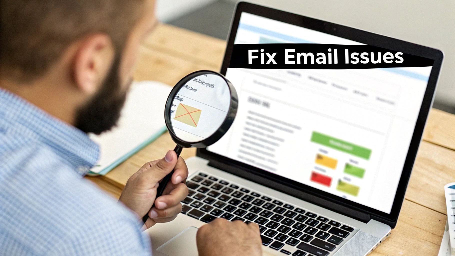 A person with a beard uses a magnifying glass to examine email issues on a laptop screen, troubleshooting email problems.