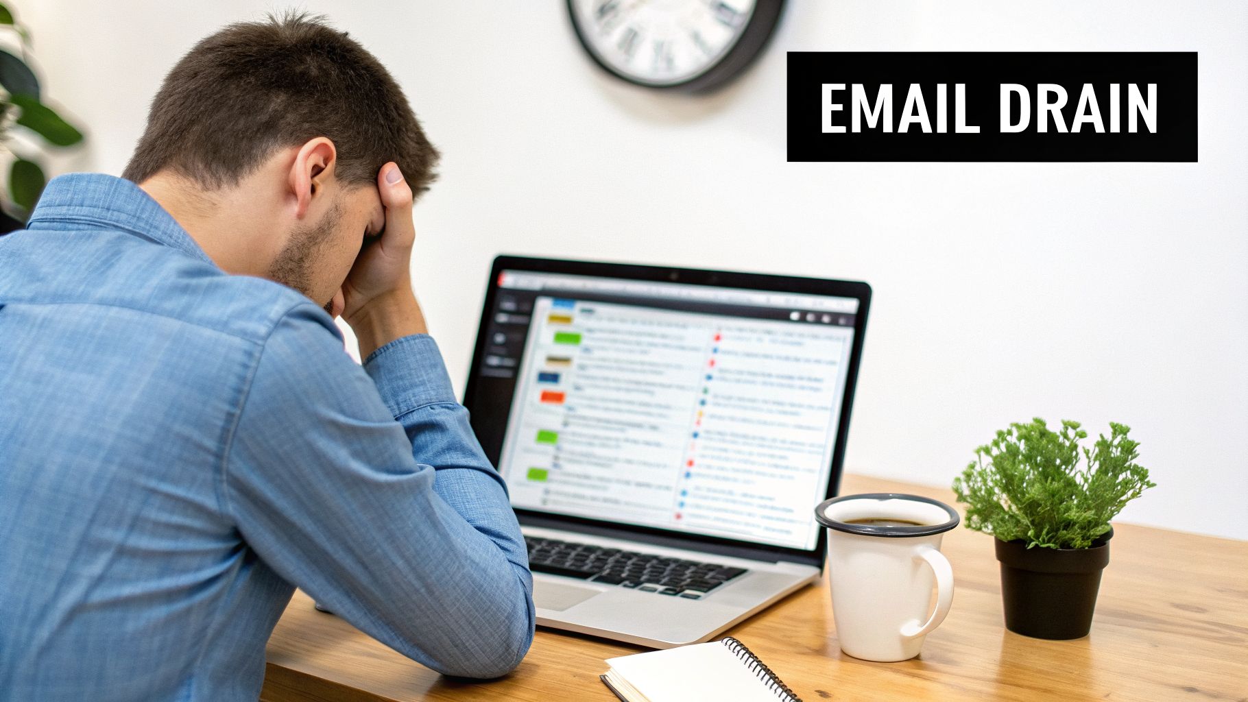 A man looking stressed with his head in hands, overwhelmed by numerous emails on his laptop.