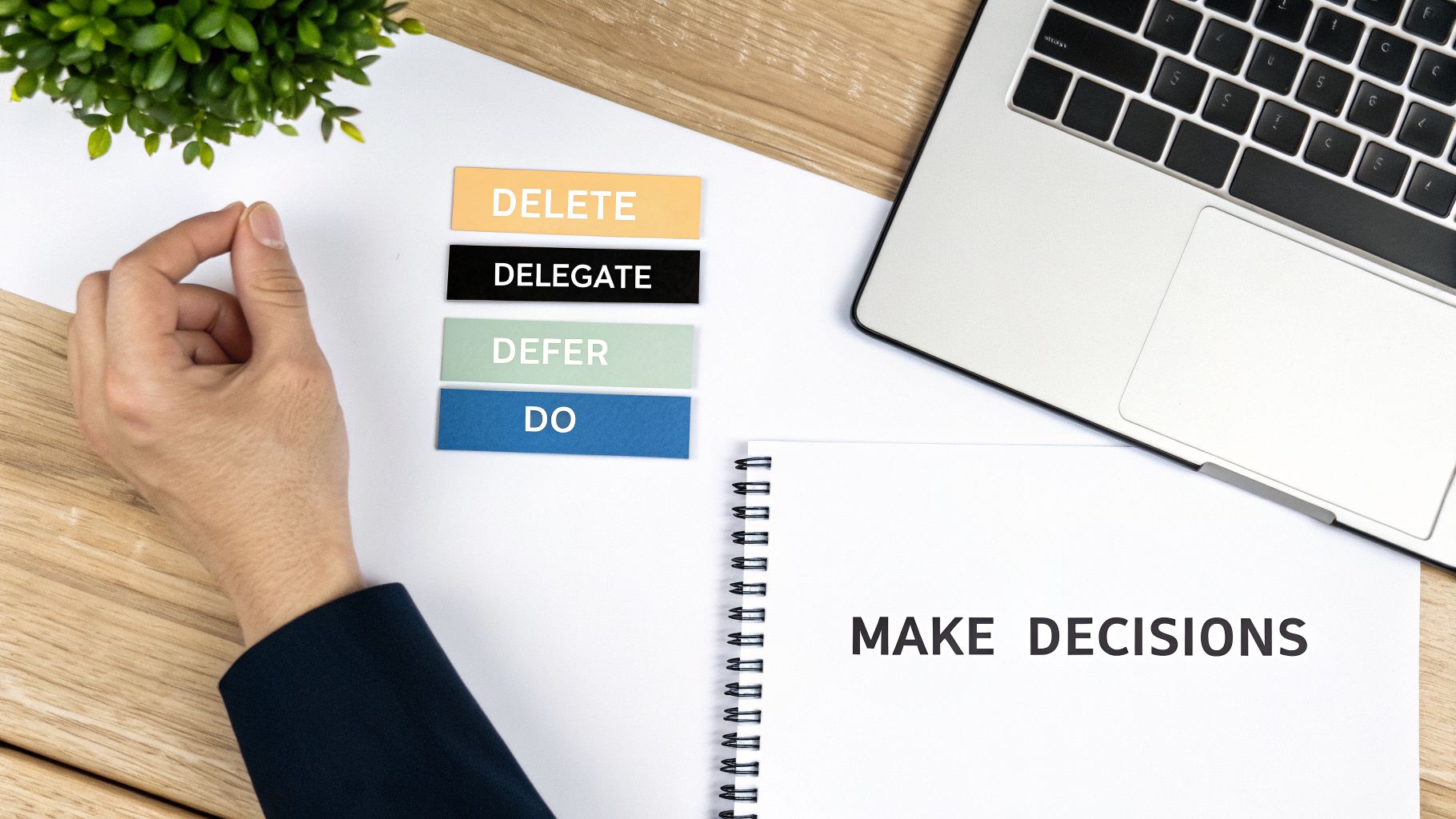Hand next to 'Delete, Delegate, Defer, Do' labels and a notebook with 'Make Decisions'.