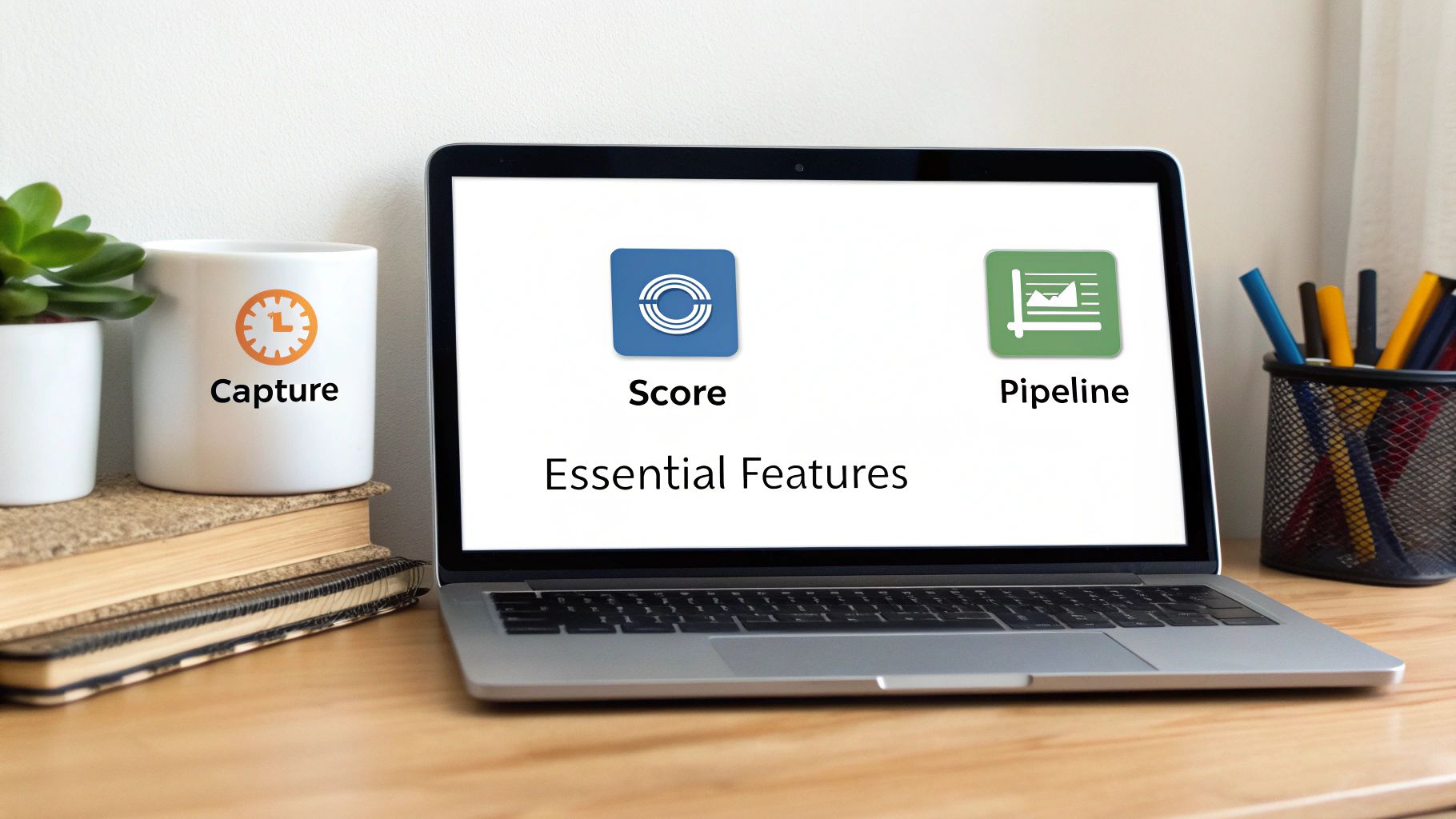 A laptop screen displays 'Essential Features' with icons for Score and Pipeline, alongside a 'Capture' mug.