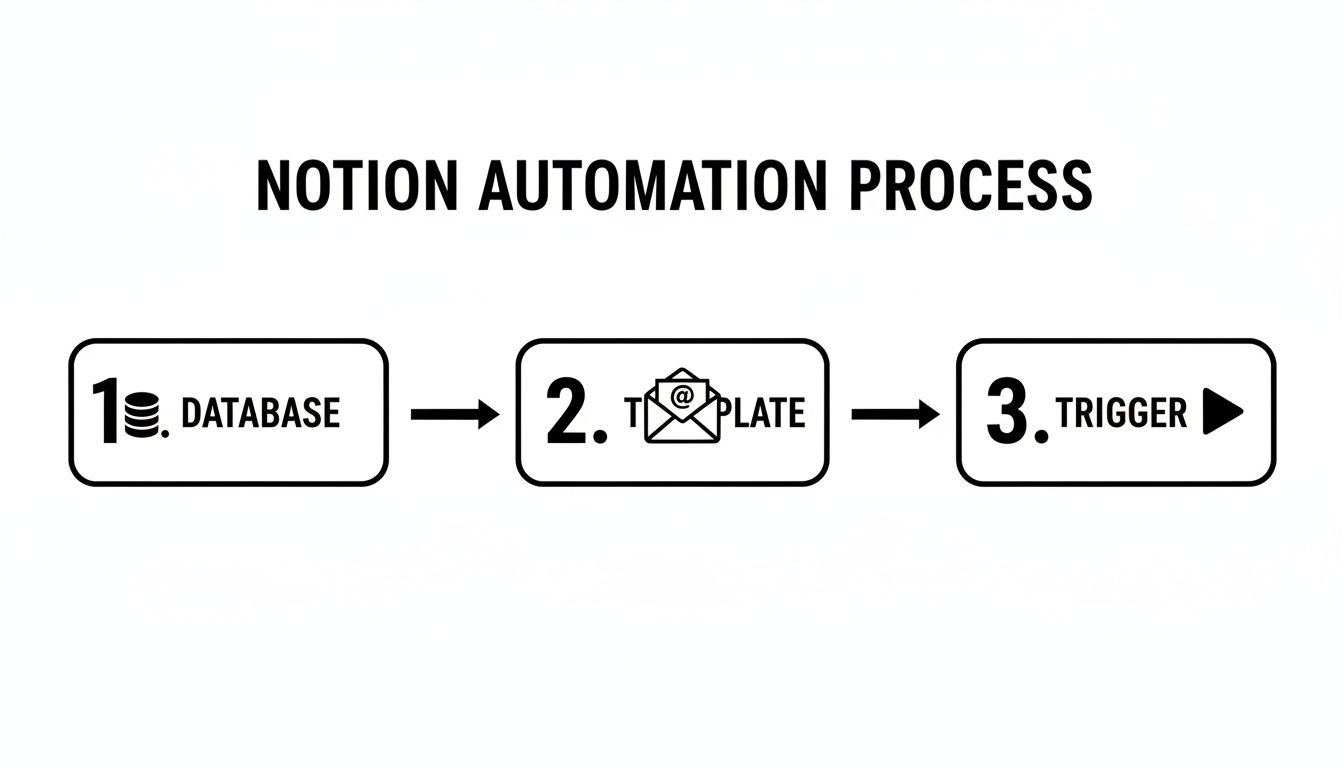 A black and white diagram illustrates the Notion automation process: 1. Database, 2. Template, 3. Trigger.