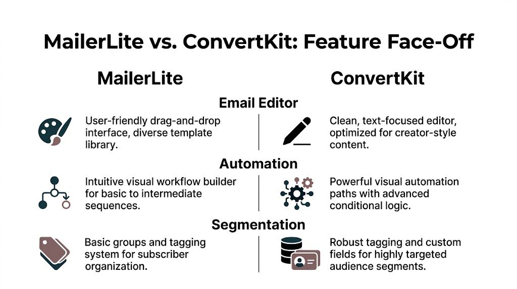 A comparison chart outlining the key differences between MailerLite and ConvertKit email marketing platforms.