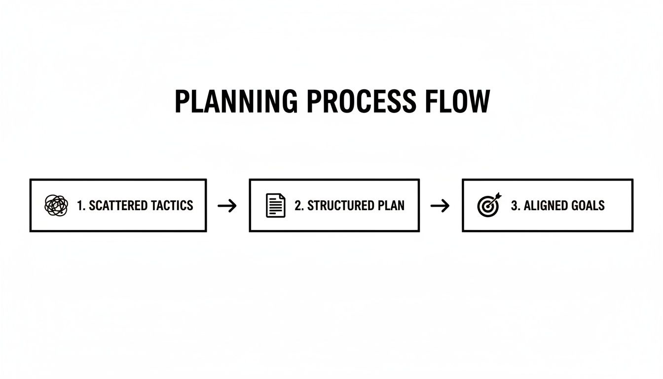 A flow chart illustrating a planning process from scattered tactics to structured plan and aligned goals.