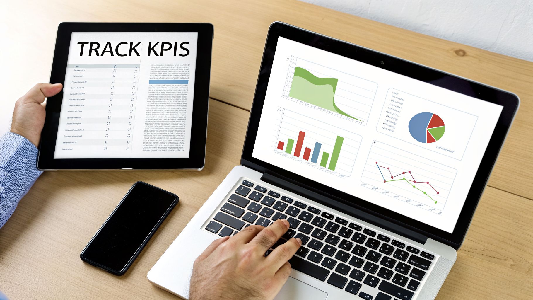 A person's hands interacting with a tablet showing 'TRACK KPIS' and a laptop displaying data dashboards.