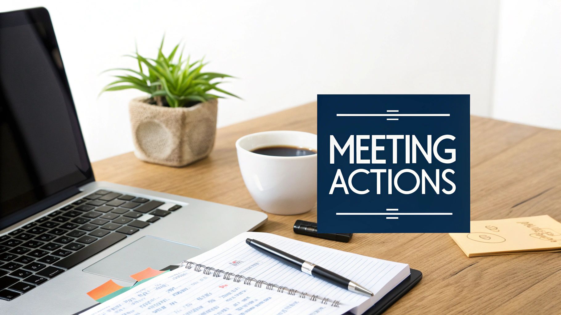 A wooden desk with a laptop, coffee, plant, and notebook, featuring a 'Meeting Actions' overlay.