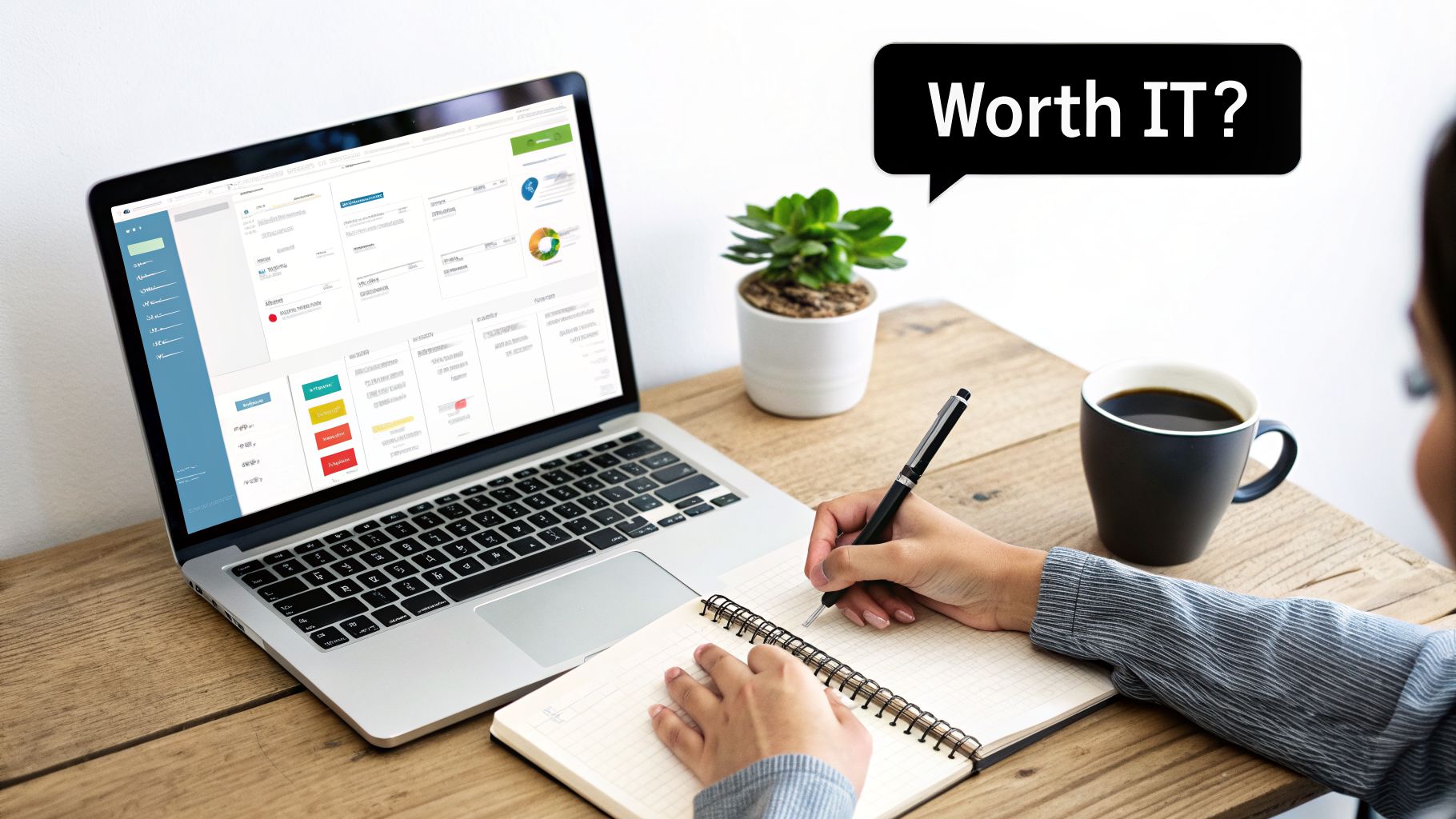 A person works at a desk with a laptop, coffee, and plant, contemplating 'Worth IT?'.