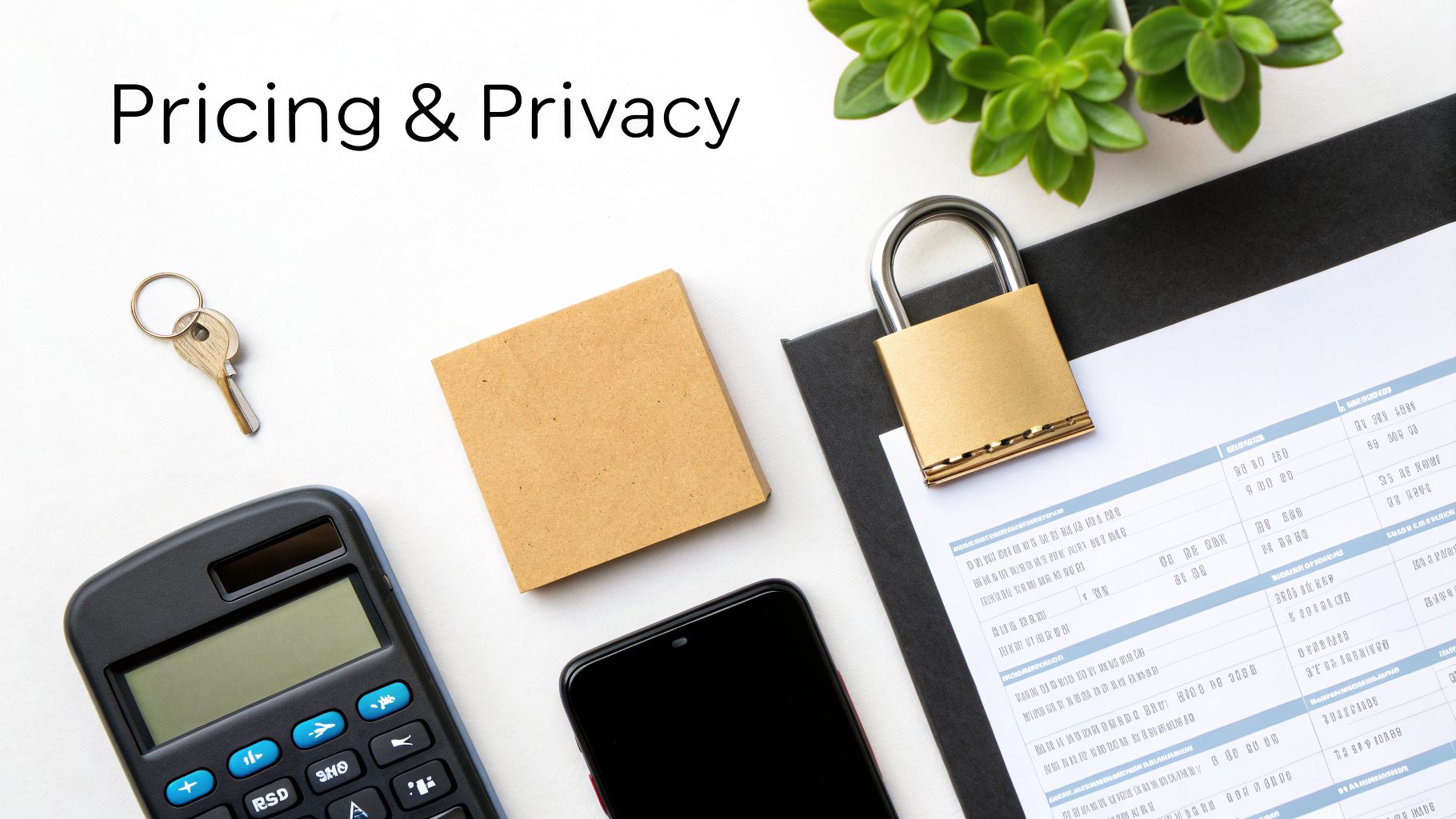 A flat lay of a calculator, smartphone, keys, padlock, and financial document, with text 'Pricing & Privacy'.