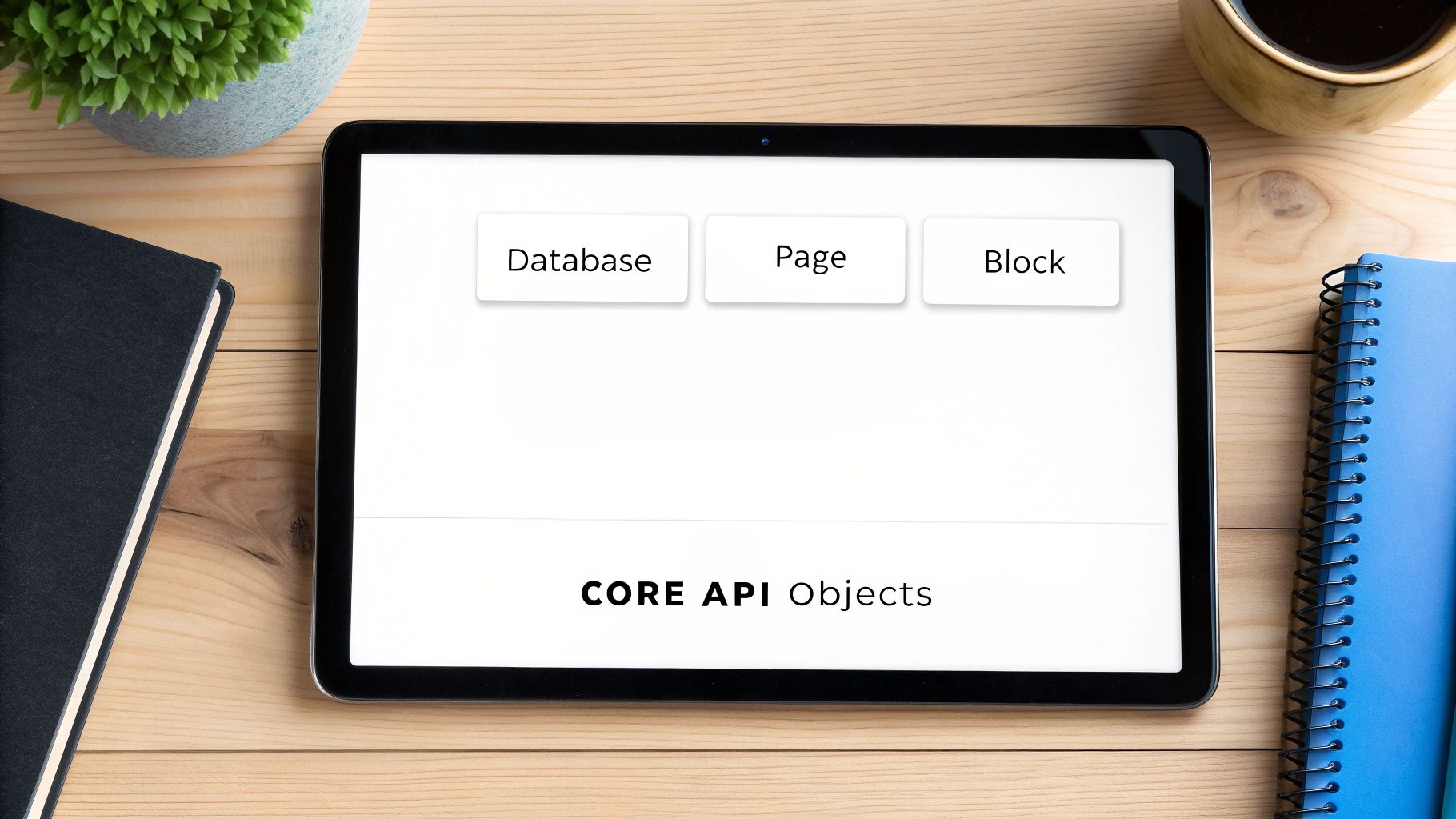 Tablet displaying "CORE API Objects" with Database, Page, and Block buttons, on a wooden desk.