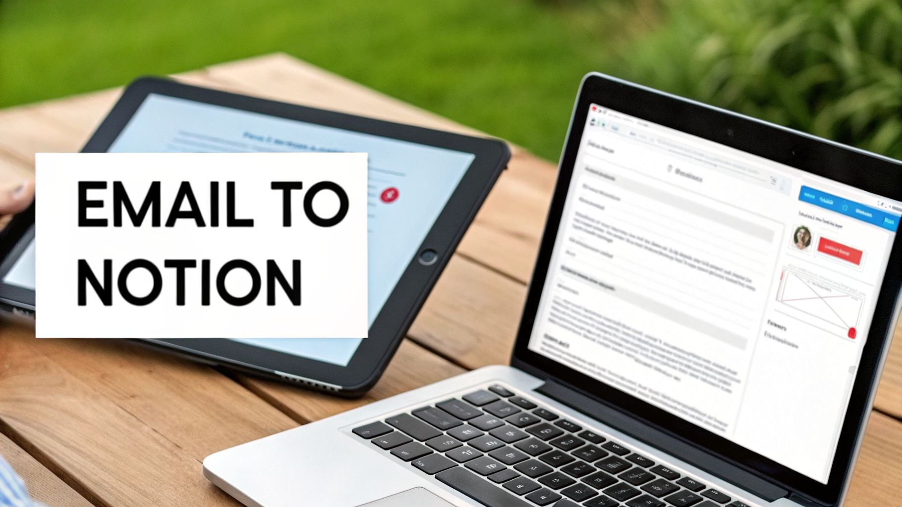 A laptop and tablet on a wooden table with a 'EMAIL TO NOTION' overlay, showing digital productivity.