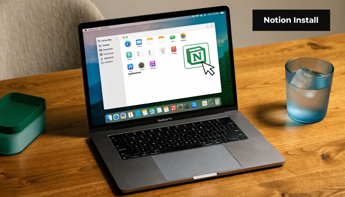 A MacBook Pro displaying the Notion application installer on a desk with a glass of water.