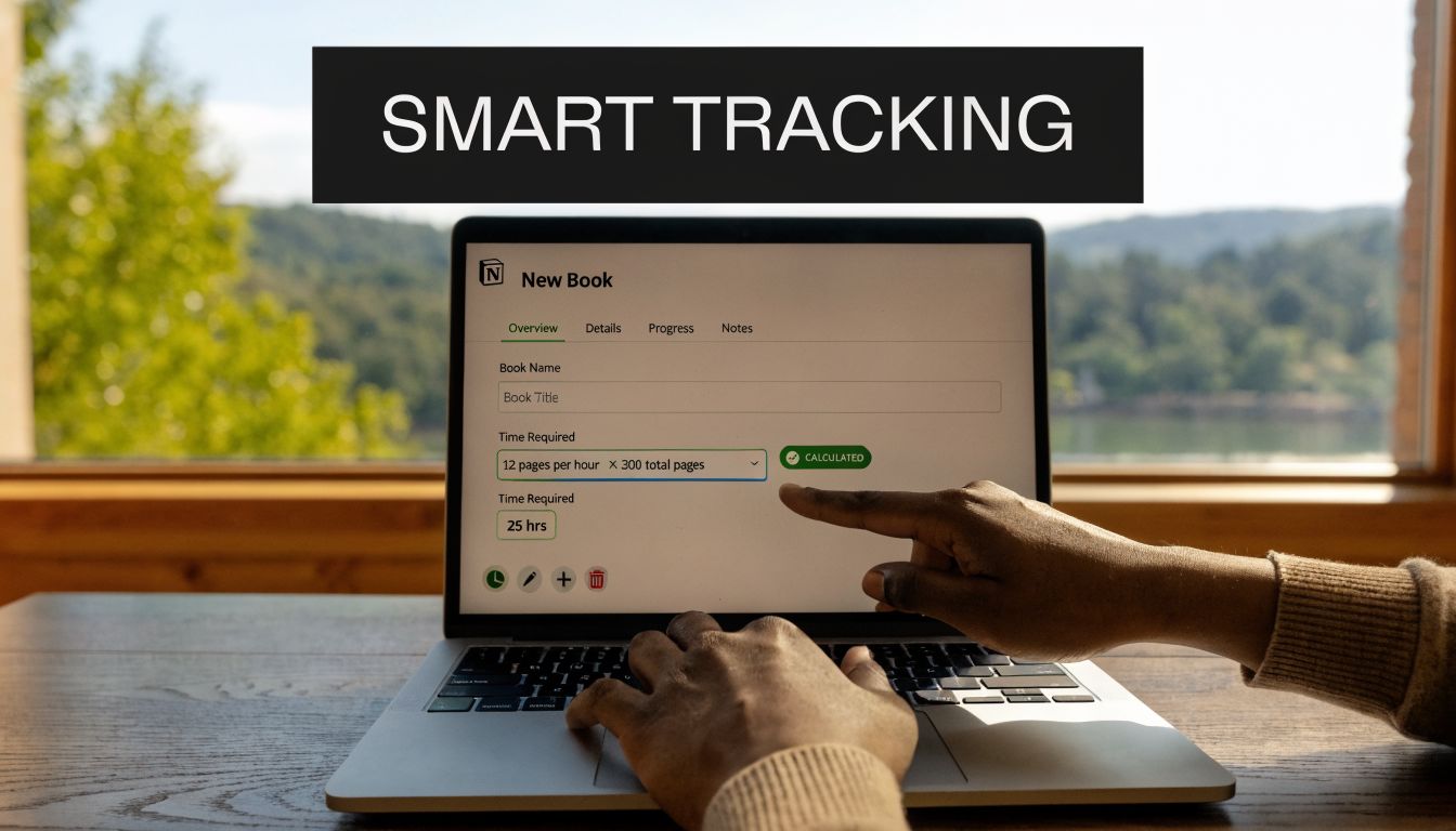 A person using a laptop to track book reading progress in a Notion project management interface.