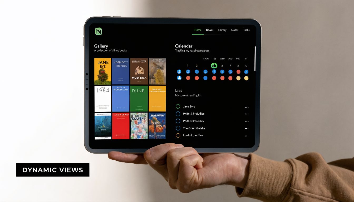 A hand holding a tablet displaying a Notion book tracker dashboard with galleries, calendars, and reading lists.