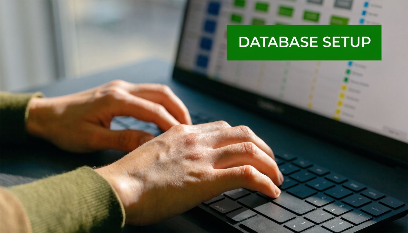 A close-up view of hands typing on a laptop keyboard with a database setup graphic overlay.
