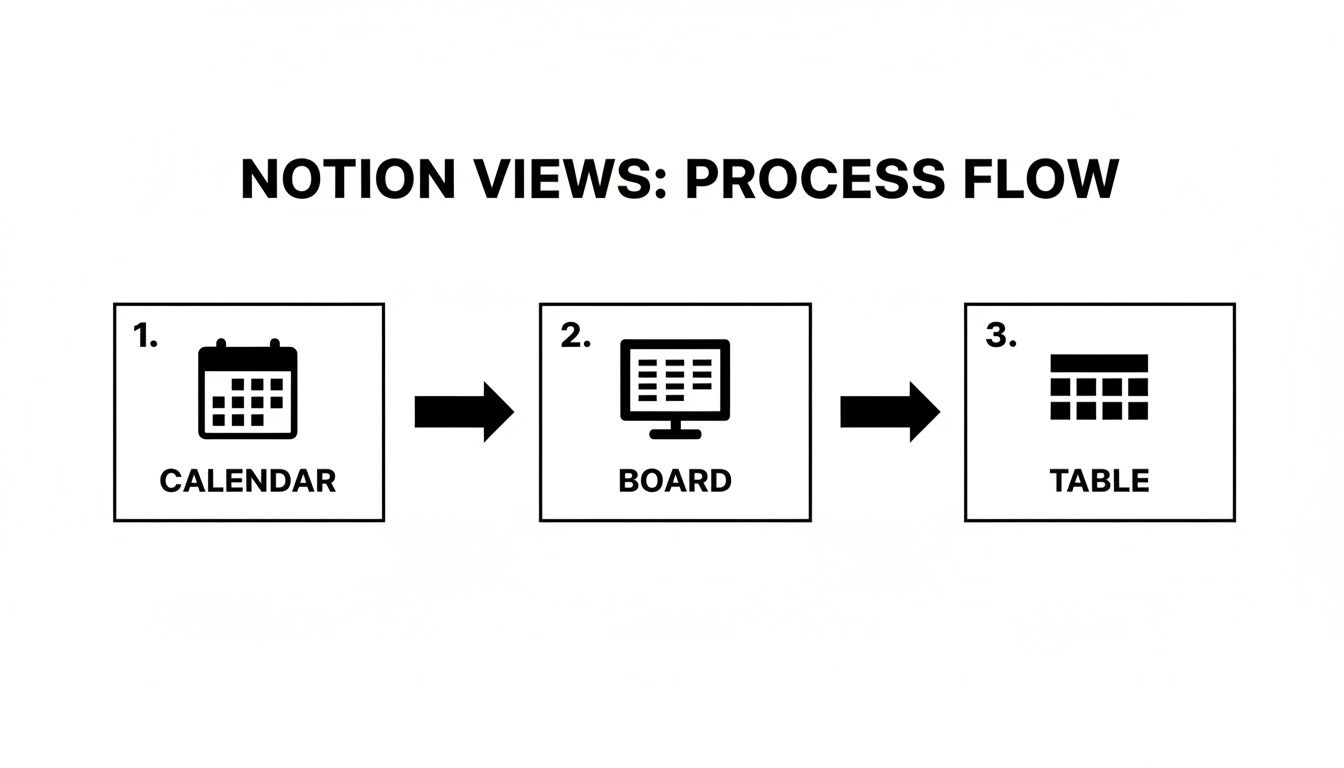 A process flow diagram illustrating Notion views: Calendar, Board, and Table in sequence.