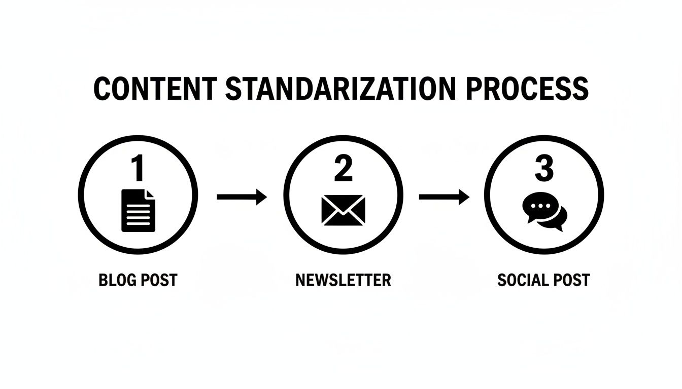 A content standardization process showing how a blog post transforms into a newsletter and then a social post.