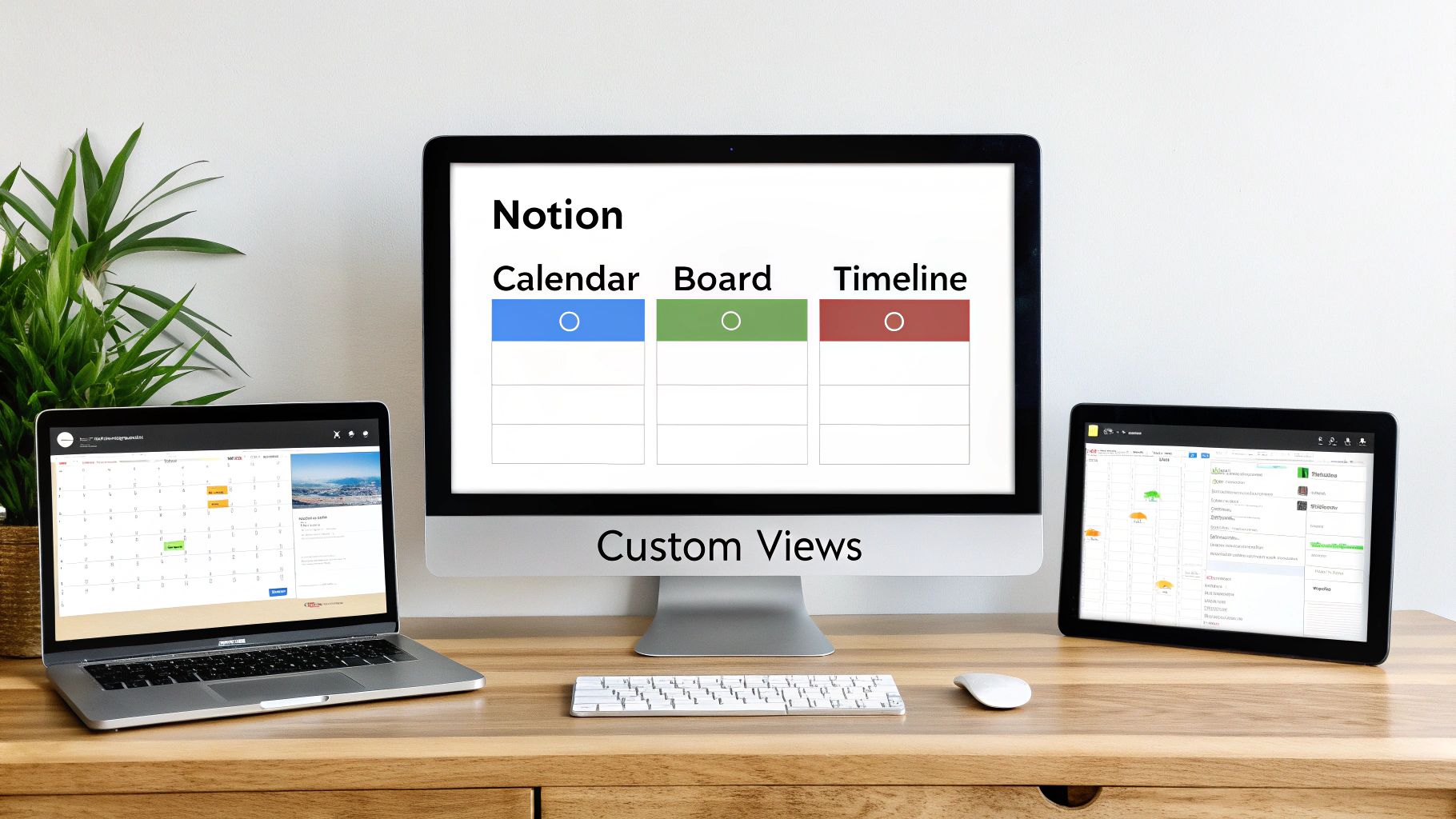 A clean workspace featuring a laptop, desktop monitor, and tablet showcasing Notion's custom views.
