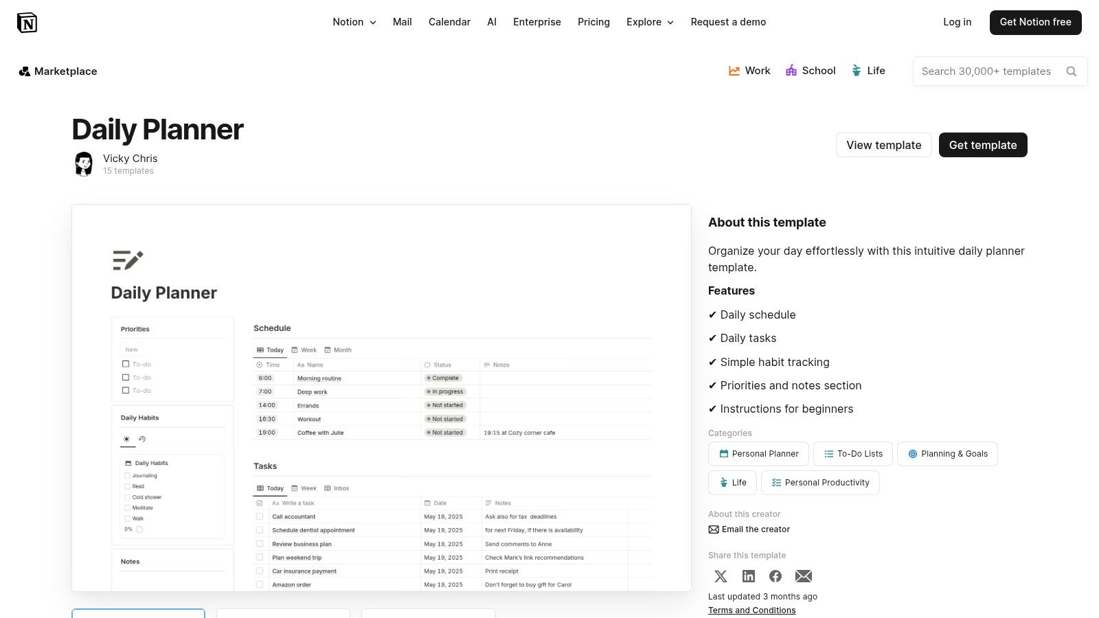 Notion Template Marketplace — Daily Planner (Vicky Chris)
