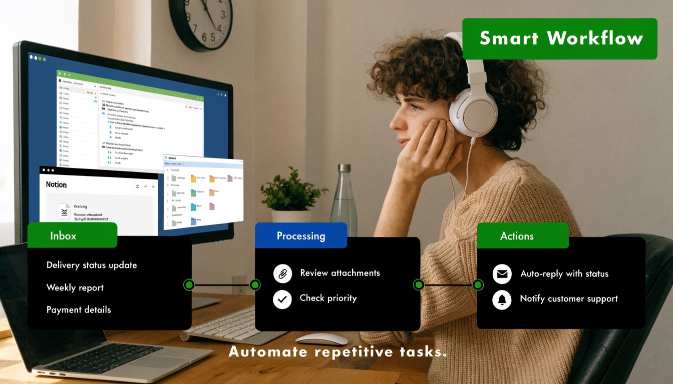 A person wearing headphones working on a computer demonstrating a smart workflow for automated task management.