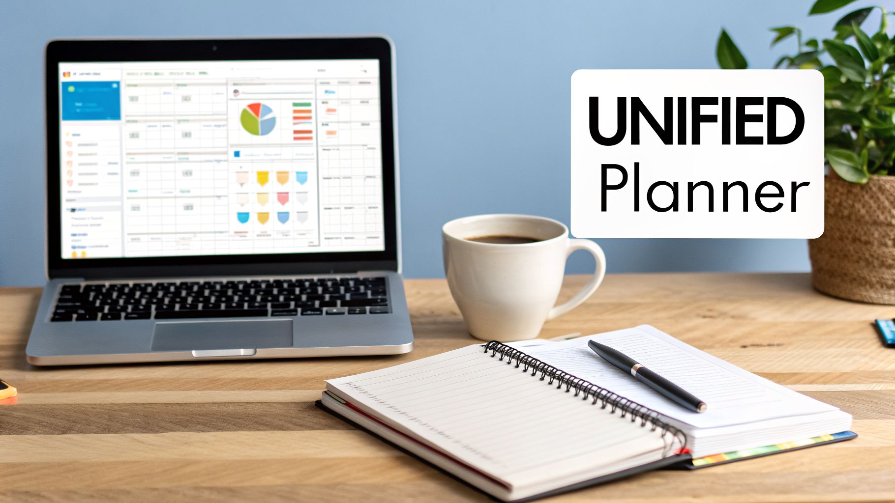 A desk setup featuring a laptop displaying a digital planner, a coffee mug, notebook, and a 'UNIFIED Planner' sign.