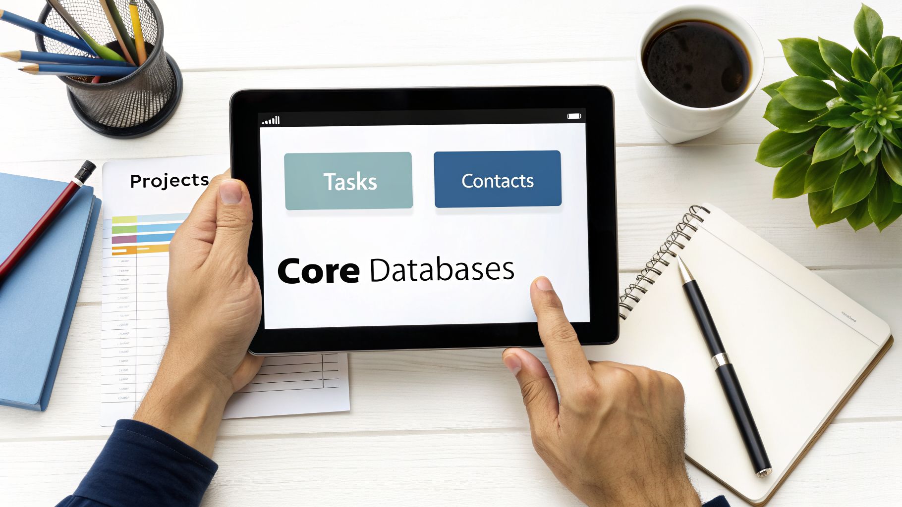 Hands interact with a digital tablet displaying 'Core Databases', 'Tasks', and 'Contacts' on a desk.