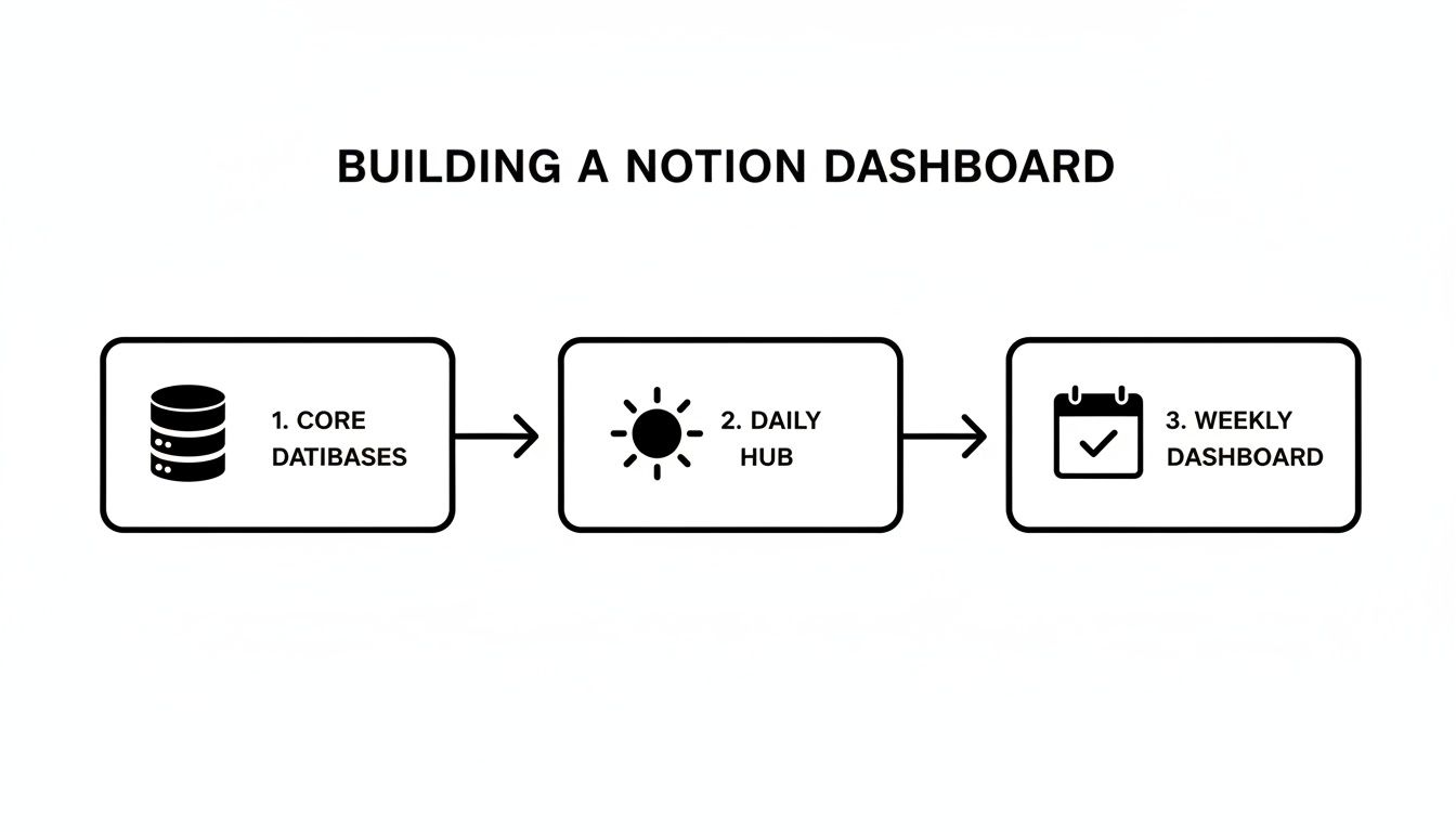 A diagram showing the three steps to build a Notion dashboard: Core Databases, Daily Hub, and Weekly Dashboard.