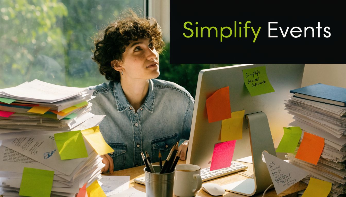 A person sitting at a desk surrounded by large stacks of paper and sticky notes while working.