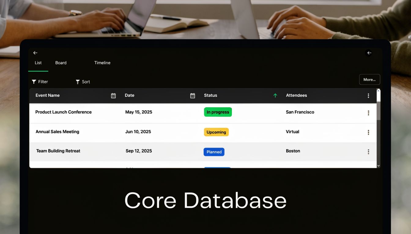 A computer screen displaying a project management dashboard featuring an event planning database for upcoming corporate meetings.