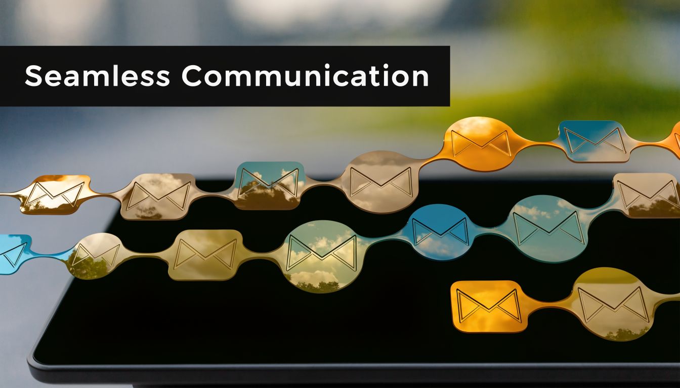 A digital graphic depicting connected envelope icons representing seamless communication flowing across a dark background.