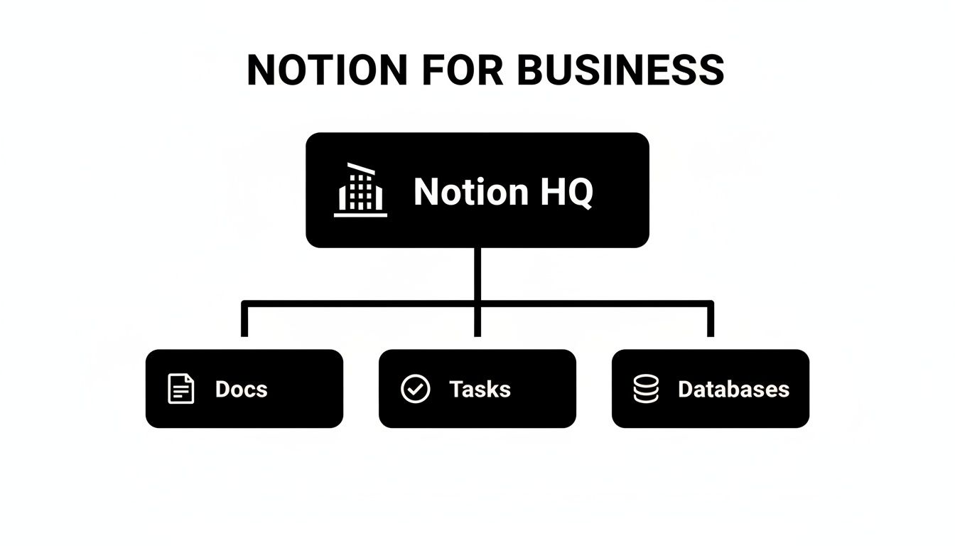 A Notion for Business organizational chart illustrating Notion HQ, Docs, Tasks, and Databases.