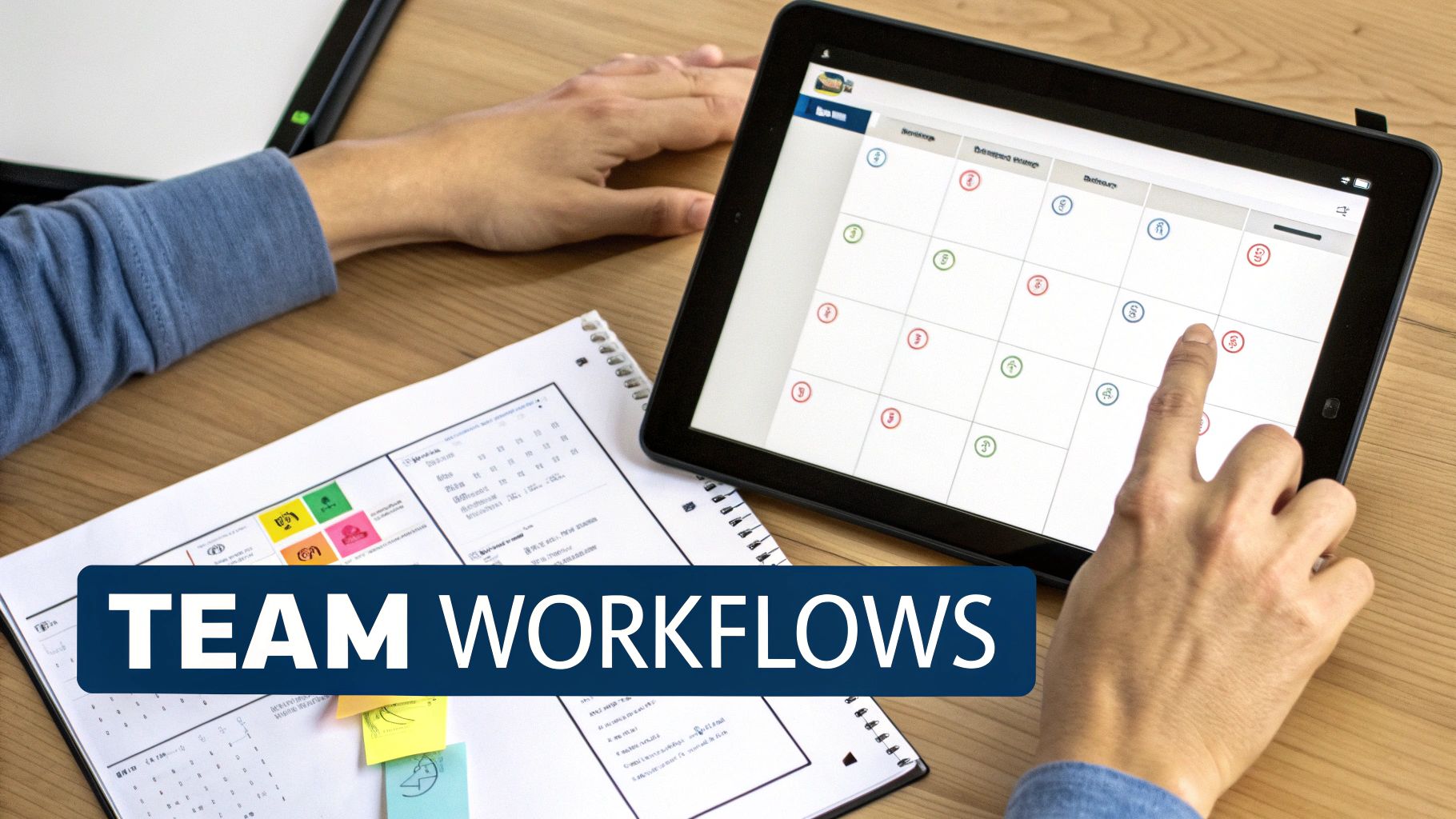 Hands interacting with a digital calendar on a tablet and a physical notebook for team workflows.