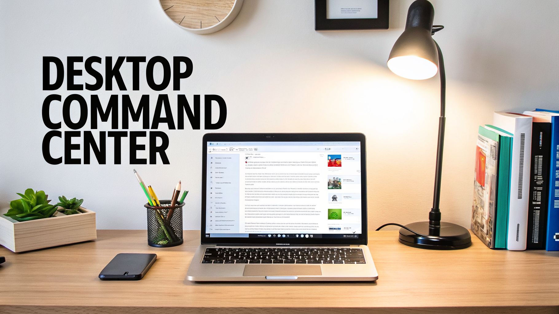 A neatly organized desktop workspace with a laptop, desk lamp, books, and green plants.