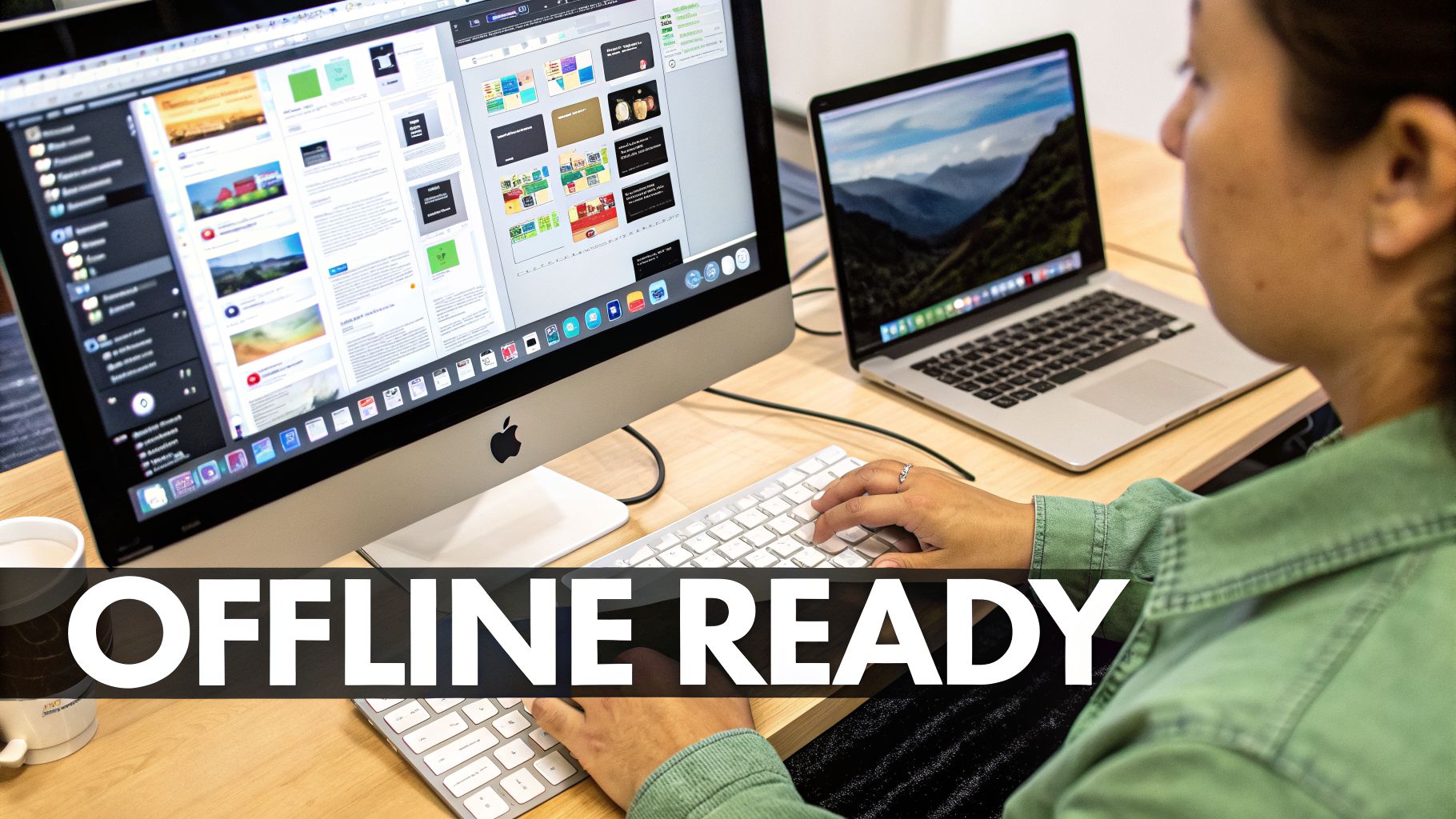 A person types on a keyboard at a desk with an Apple iMac and MacBook Pro.