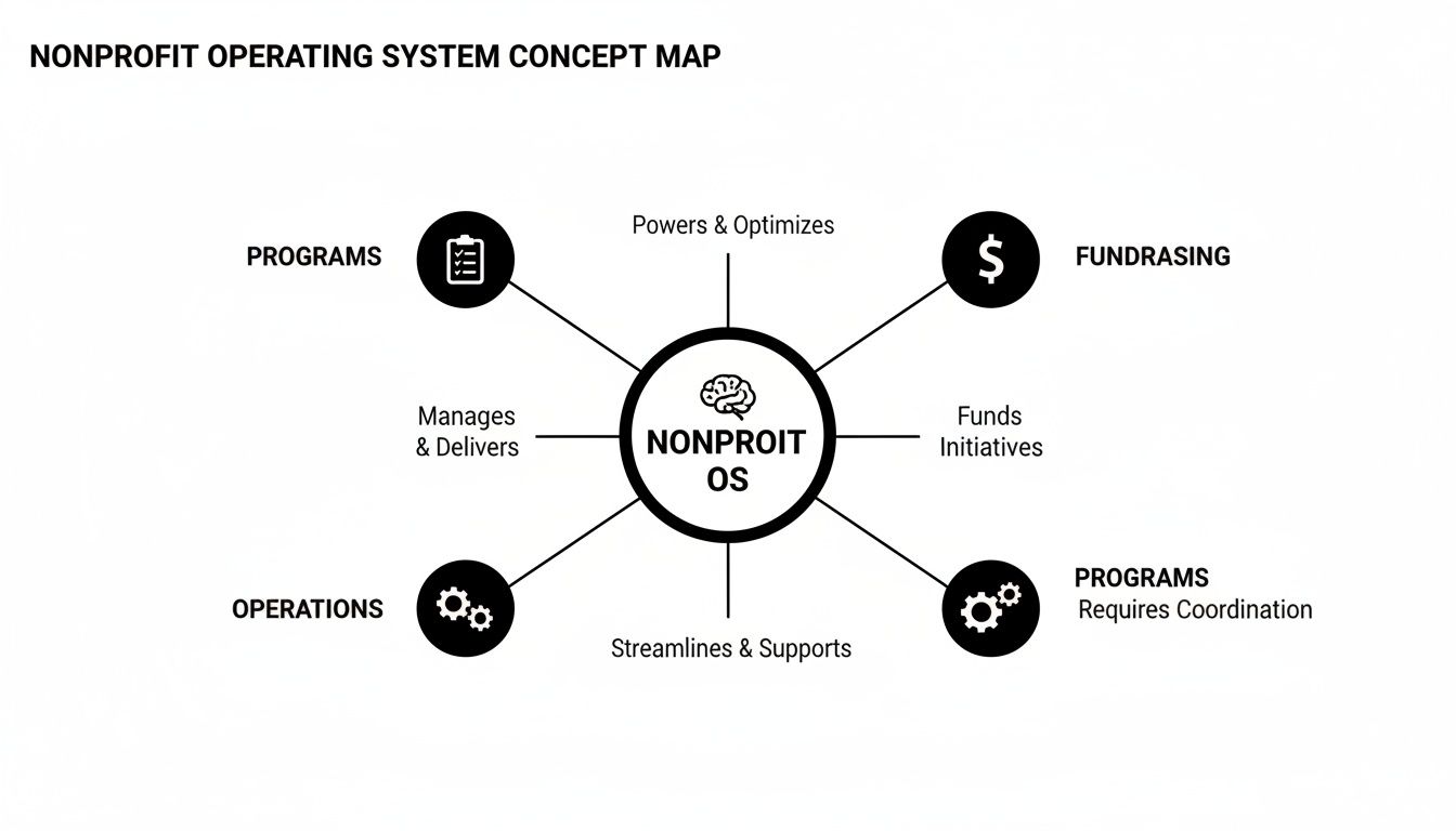 A concept map showing how a Nonprofit Operating System (OS) interacts with programs, fundraising, and operations.