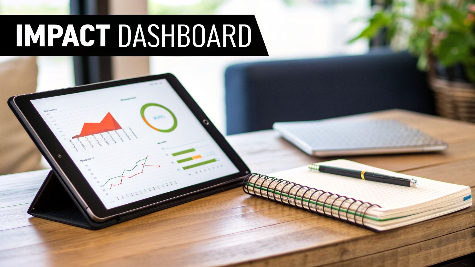 A tablet displays an impact dashboard with charts and graphs, next to a notebook and pen on a wooden table.