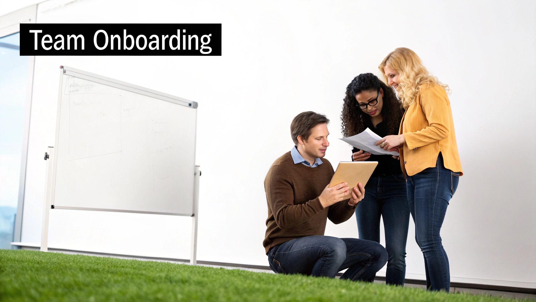 Three professionals review documents and a tablet on green artificial grass, signifying team collaboration.