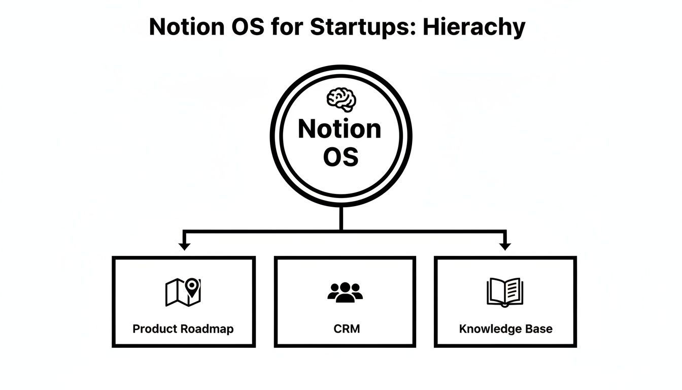 Hierarchy diagram for Notion OS, showing Product Roadmap, CRM, and Knowledge Base as sub-components.